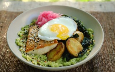 Crusted Dutch Yellowtail with Crispy Fingerling Kale Hash and Fried Egg