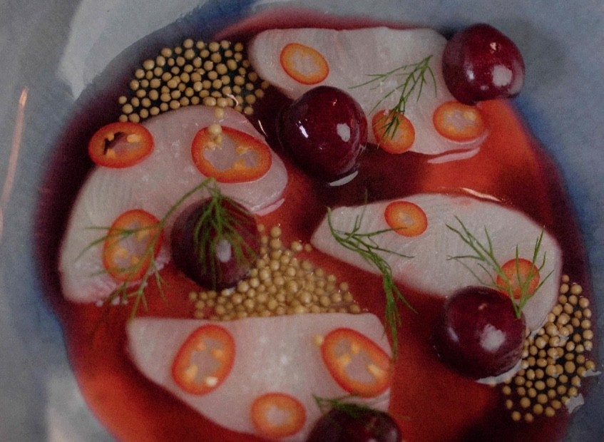 Dutch Yellowtail with Sour Cherry Jus and Fresno chili