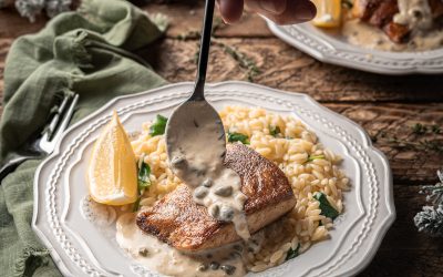 Dutch Yellowtail with Lemon Caper Cream Sauce and Spinach Orzo